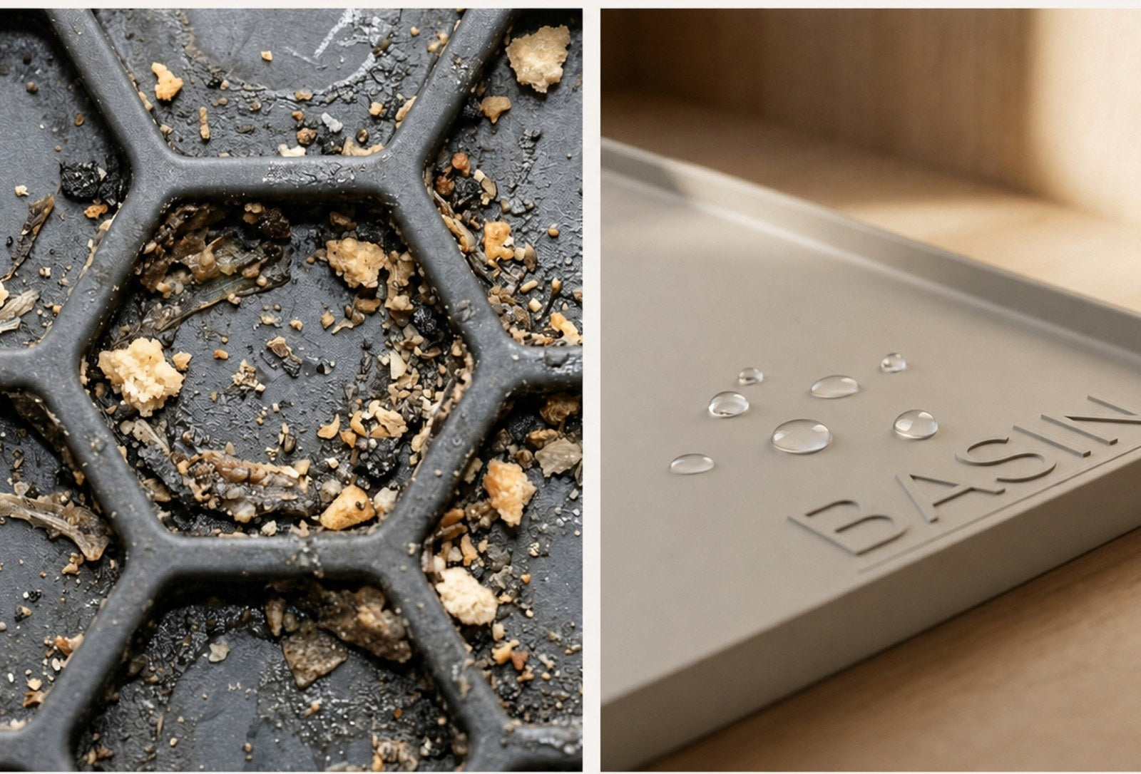 A grimy honeycomb-textured mat beside Basin's smooth surface, wiped clean with water beading on it