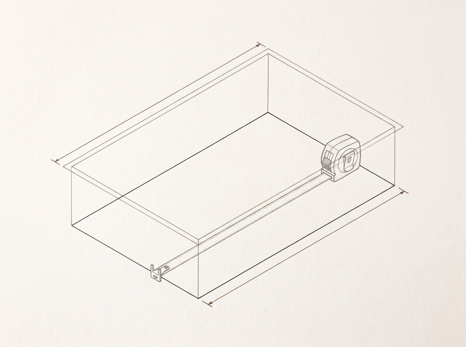 Drawing of a tape measure extended across the inside of a sink base cabinet