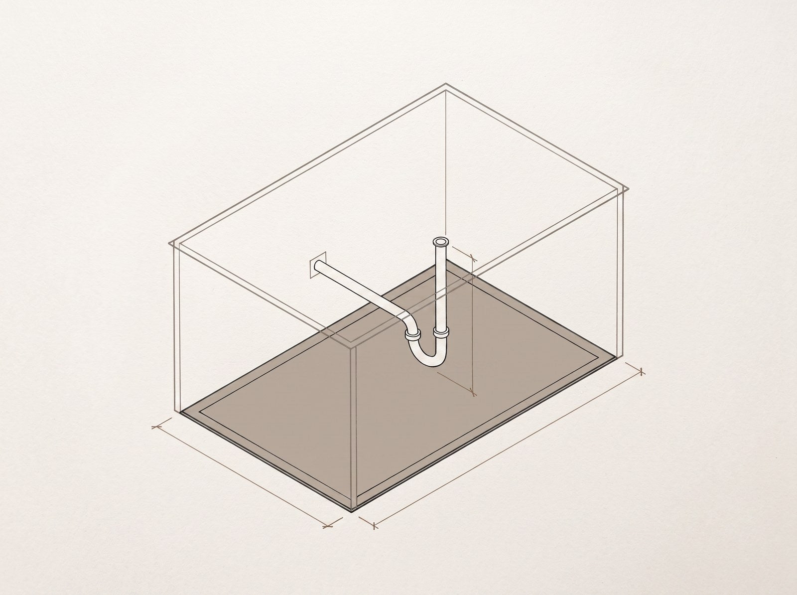 Drawing of the taupe mat on the cabinet floor beneath the sink drain and P-trap